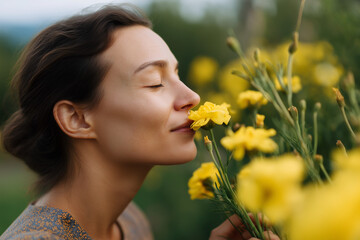 Naklejka premium A woman gently inhales the sweet scent of yellow flowers, basking in nature's beauty with a serene smile on her face, embodying joy and tranquility.