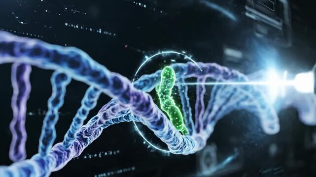 Futuristic virus injector approaching dna double helix. Pathogen integration process in digital interface. Scientific animation of genetic modification concept.