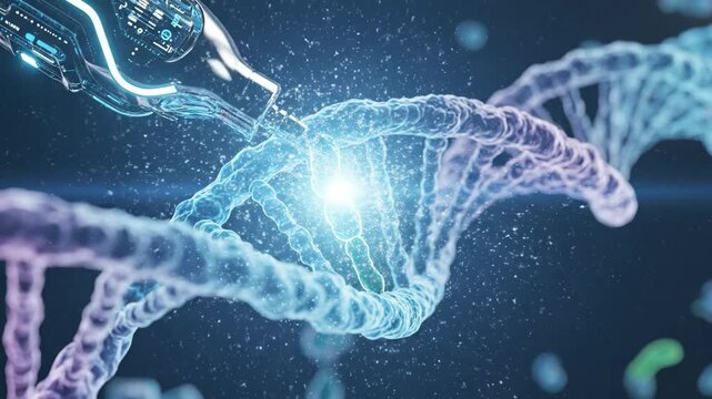 Macro cinematic view of syringe injecting into dna helix structure. Gene editing process in molecular biology. Futuristic biotechnology visualization for scientific research.