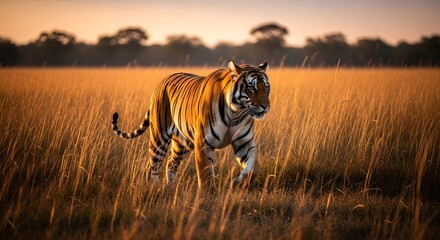 Fototapeta premium Majestic bengal tiger stalks through tall golden savanna grass during a warm sunset safari adventure