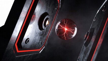 A dynamic image showcasing a red electric plasma orb suspended between futuristic, dark metallic structures with glowing red accents