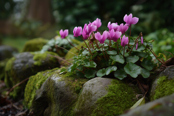 A cluster of pink cyclamen blooms highlights the beauty of natural flora. Their vivid colors and lush greenery create an enchanting garden scene.