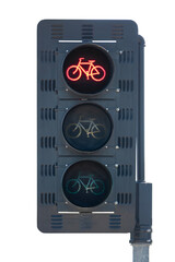 Bike shaped bicycle path red traffic signal intersection crosswalk light.  Isolated with cut out background.  