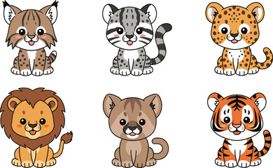 Adorable Wild Felines Vector Collection Featuring Cute Cartoon Bobcat, Leopard, Lion, Tiger, and Cougar for Kids' Educational Designs