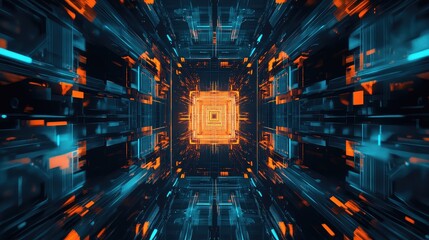 Abstract digital data tunnel showing glowing orange and blue circuit elements with a central core, representing advanced technology, artificial intelligence, and global network connections