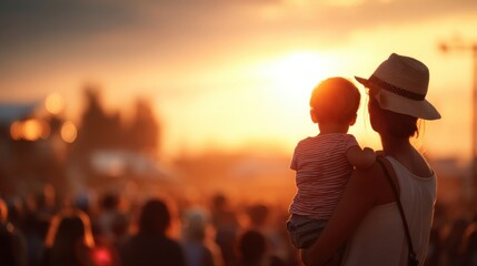 A woman holds a child while watching the sunset at an outdoor festival. The sky is filled with warm colors and a crowd gathers in the background enjoying the event.