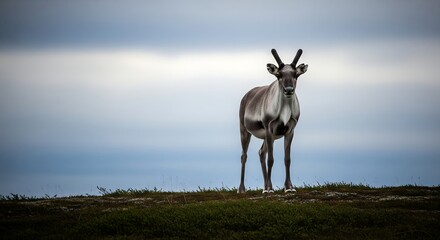 A young reindeer standing majestically on a green hill against a vast blue and white sky