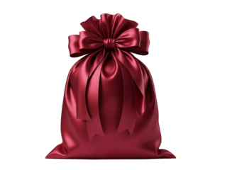 Red satin gift bag with a decorative bow on transparent background. PNG clip art of a present for Christmas, Valentine's Day, anniversary, or birthday celebration.