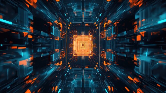 Abstract digital data tunnel showing glowing orange and blue circuit elements with a central core, representing advanced technology, artificial intelligence, and global network connections - Powered by Adobe