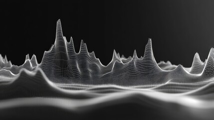 Abstract 3d rendering creates a conceptual wireframe terrain representing complex data analysis, sound wave frequencies, and information processing in a futuristic technological environment