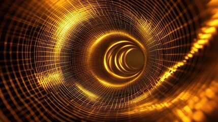 Golden wireframe tunnel conveying high speed data transfer and futuristic network communication, glowing particles and light streaks visualizing virtual information flow and systems