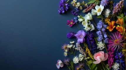 A vibrant collection of fresh flowers sprawls across a dark blue surface displaying an array of colors and types creating an eye catching contrast and a sense of joy.