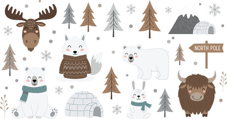 Adorable Winter Arctic Animals Vector Collection with Polar Bears, Moose, Arctic Fox, Yak, and Igloo for Holiday and Kids' Christmas Designs © MdMunzurul