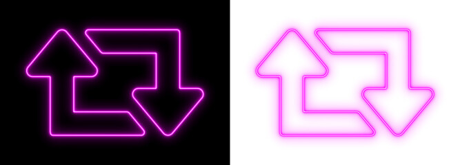 Pink neon upload and download arrows glowing on black and transparent backgrounds, bright data transfer outline icon for technology and UI design