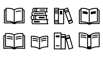 A set of various book icons in black and white for educational or literary use