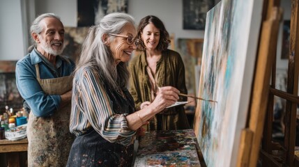 In a bright art studio two individuals watch an elderly woman paint on a large canvas. Laughter and joy fill the air as they share a moment of creativity together.