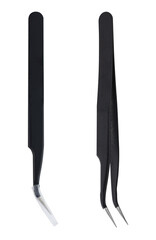 Metal tweezers with straight tips for working with electronics and jewellery. On a white background in insulation