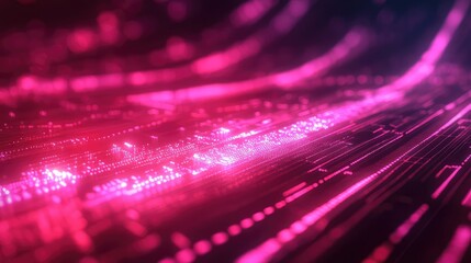 Glowing pink and magenta light trails flow through a complex network of circuits, evoking high speed data transfer, ai processing, and futuristic computing infrastructure