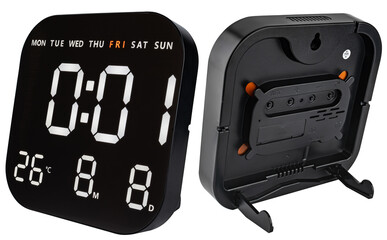 Black wall-mounted LED clock with large digits, date, alarm clock and thermometer.