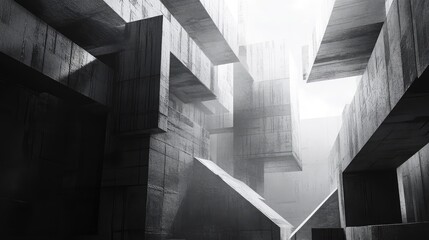 Abstract concrete architectural structure creates a complex labyrinth of geometric surfaces and sharp angles, with light filtering through the open spaces