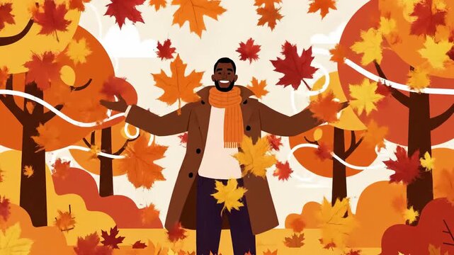 Vibrant Autumn Forest Scene With Happy Man Celebrating Falling Leaves in a Colorful Park