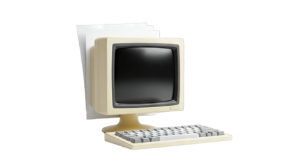 Retro Computer with Papers on White Background