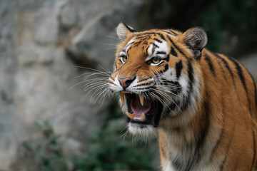 Fototapeta premium A stunning close-up of a roaring tiger showcasing its powerful physique, striking stripes, and intense gaze surrounded by natural foliage in its wildlife habitat.