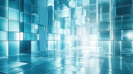 Blue translucent blocks form a geometric, futuristic interior space, creating a sense of digital innovation and modern architecture with bright light reflecting on surfaces