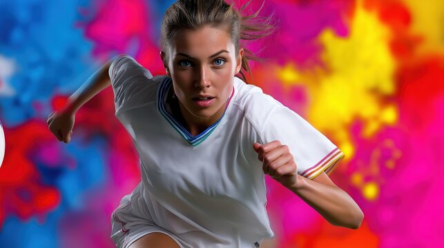 Young caucasian female athlete in vibrant soccer action with colorful background - Powered by Adobe