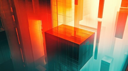Abstract 3d blocks and rectangular shapes ascend in a vibrant gradient from warm oranges to cool teal, forming a dynamic cityscape representing data, technology, and future architecture