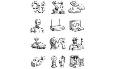 Fototapeta premium SEO-friendly Title (81 characters): Technology Icon Set Hand Drawn Sketch Style Vector Collection