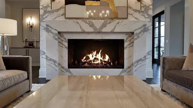 Elegant Living Room with Marble Fireplace and Cozy Sofas - A Luxurious Interior Design.