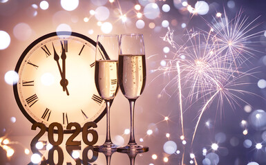 New year 2026 celebration background with champagne glasses and clock, golden bokeh fireworks and midnight countdown toast concept, for party, banner, greeting card, holiday event.