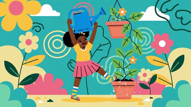 Vibrant Cartoon Girl Watering Plant in Bright Garden with Playful Colors