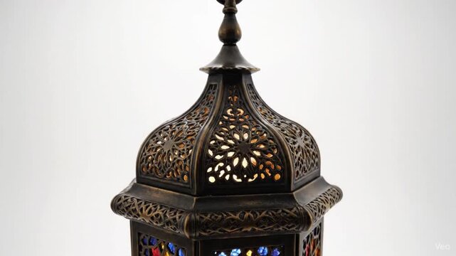 A captivating close-up showcases a beautifully crafted antique-style lantern, featuring intricate metalwork with delicate perforated patterns that cast a warm, inviting glow. The elegant design is ado