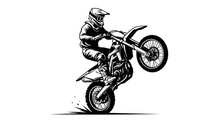 Motocross Rider Performing Wheelie Stunt – Extreme Dirt Bike Action Silhouette Illustration © rukaia