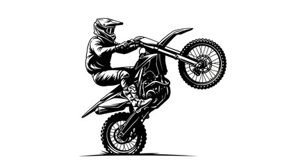 Motocross Rider Performing Wheelie Stunt – Extreme Dirt Bike Action Silhouette Illustration © rukaia