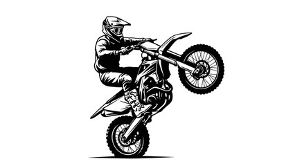 Motocross Rider Performing Wheelie Stunt – Extreme Dirt Bike Action Silhouette Illustration © rukaia