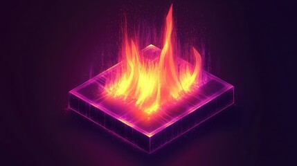 Abstract digital cube generating fiery waves of heat and glowing particles, representing concepts of artificial intelligence, intense data processing, energy, and advanced technology