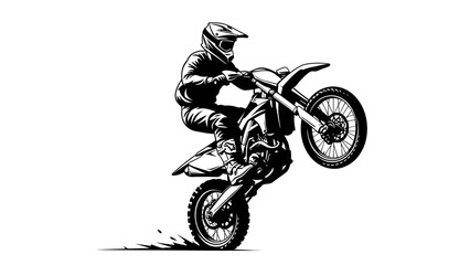 Motocross Rider Performing Wheelie Stunt – Extreme Dirt Bike Action Silhouette Illustration © rukaia