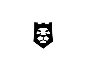 Lion shield, fortress, tower  logo design template. Lion face crown logotype