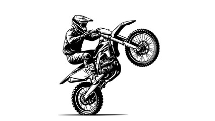 Motocross Rider Performing Wheelie Stunt – Extreme Dirt Bike Action Silhouette Illustration © rukaia