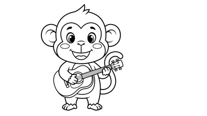 Obraz premium Cute Cartoon Monkey Playing Guitar Line Art – Smiling Animal Music Outline Illustration