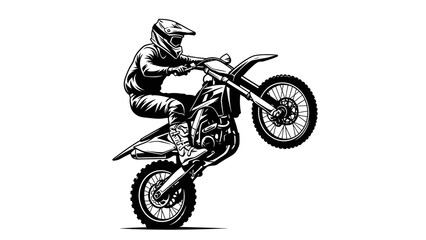 Motocross Rider Performing Wheelie Stunt – Extreme Dirt Bike Action Silhouette Illustration © rukaia