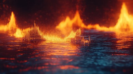 Abstract digital sound equalizer data visualizing a vibrant cityscape reflecting on a dark, blue water surface, creating a dynamic contrast between light and shadow