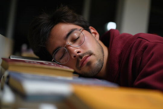 A young man peacefully sleeps on a pile of books, exemplifying the exhaustion often associated with studying, showcasing the dedication and commitment to knowledge exploration. - Powered by Adobe