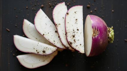 Sliced Beetroot on Dark Wood PNG. Round red beet cross sections with soil top view flat lay. Rustic healthy food background. Raw organic root vegetable cuts for salad ingredient