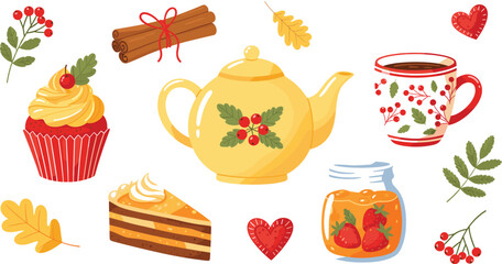 Cozy Autumn Tea Party Vector Set Featuring Teapot, Cinnamon Sticks, Jam Jar, Cupcake, and Seasonal Leaves and Berries
