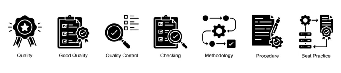 Quality and methodology web banner icon vector illustration for process excellence with quality control, checking, good quality, procedures, best practices, and methodology icons.