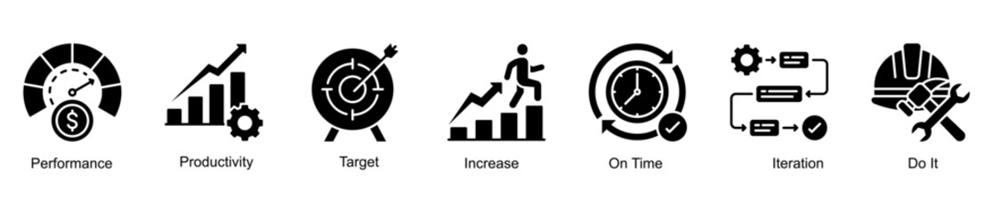 Productivity and performance web banner icon vector illustration for operational improvement with performance, productivity, iteration, increase, on-time work, and target icons.